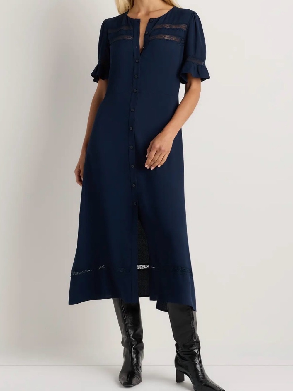 Quince | Navy Crepe Button-Front Midi Dress with Lace Insets Size Small